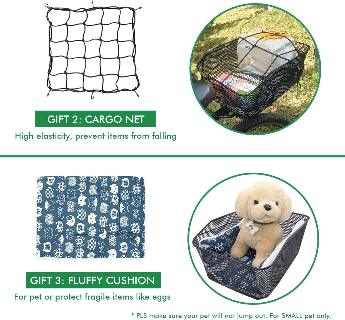 Rear Bike Basket, Tool-Free Install, Dog/Pet Carrier, Ebike Electric Bicycle Back Cargo Basket, Fits Most Rear Racks, with Waterproof Cover, Cargo Net