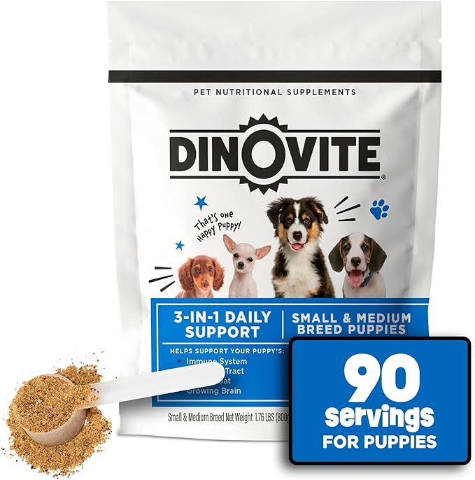 Dinovite 3 in 1 Probiotic for Puppies, Skin & Coat, Digestive Health & Joint Relief, Dog Food Toppers, Salmon Oil, Glucosamine, Allergy Relief & Itch Relief Skin Care, 90 Servings (Puppy)