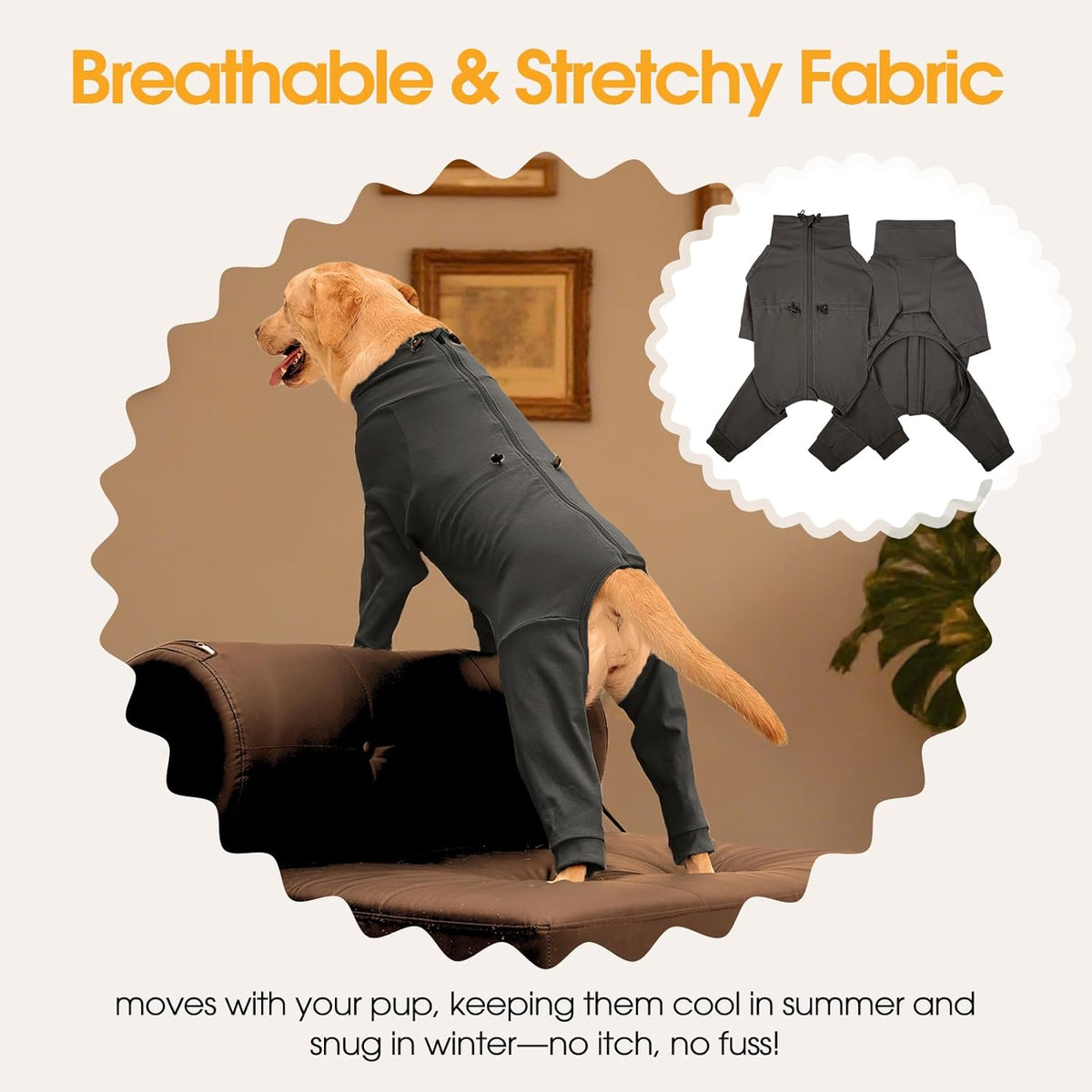 Dog Pjs for Large Breed with Zipper Back, Adjustable Long Sleeve Dog Recovery Suit for Dogs After Surgery, Soft Pet Shedding Suit E-Collar Alternative for Labrador, Golden Retriever, Grey 2XL