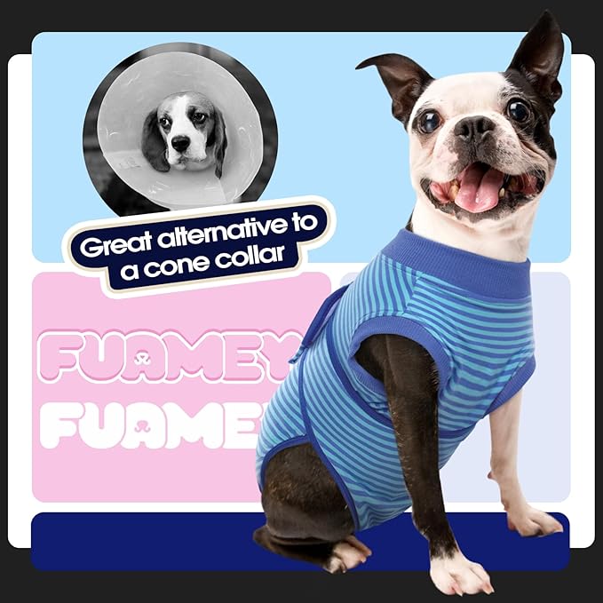 FUAMEY Recovery Suit for Dogs After Surgery,Soft Breathable Dog Bodysuit E-Collar & Cone Alternative Surgical Suit,Male Female Dog Neuter Spay Suits Anti Licking Wounds Onesie Navy Blue Strips M