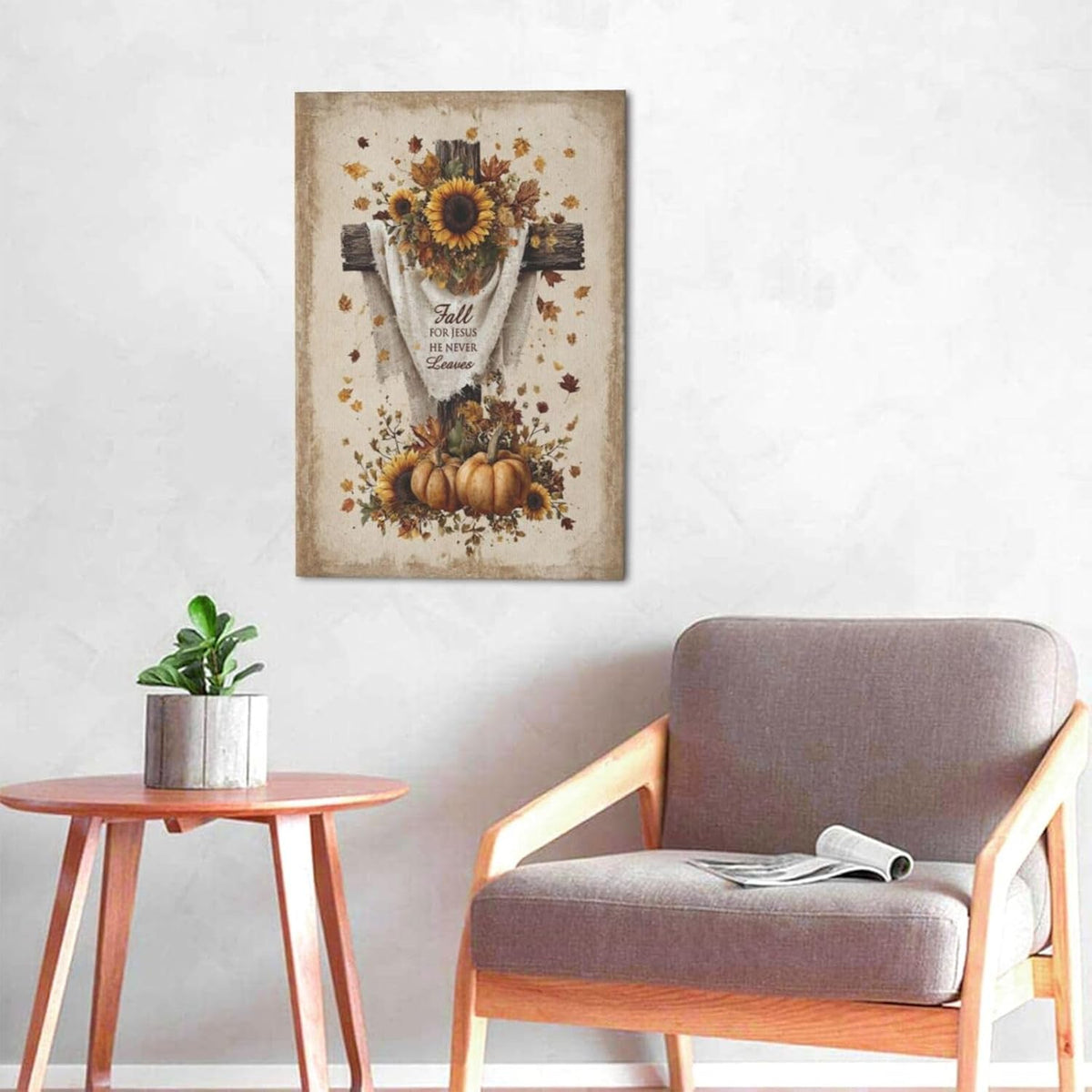 Christian Fall Wall Art Autumn Rustic Cross Sunflower Pumpkin Wall Decor Fall for Jesus He Never Leaves Pictures Painting Print Framed Artwork Decorations Gifts for Living Room Bedroom Prayer Room Office 16"x24"