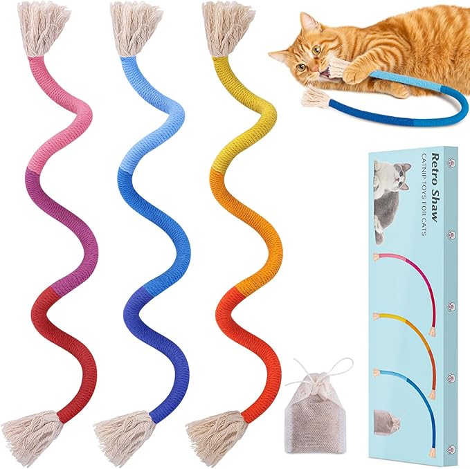 Retro Shaw 23.6 Inches Cat Toys Chew Ropes with Catnip, Safe String Kitten Teeth Cleaning Toys for Indoor Cats Kitty, Interactive Cat Nip Kicker Pet Toys, 3 Pack