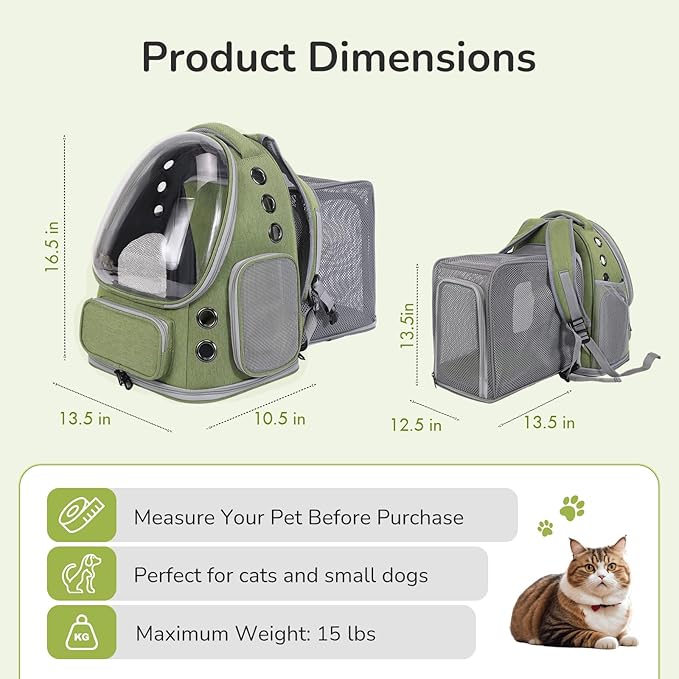 Cat Backpack Carrier for Large Cats, Expandable Cat Bubble Backpack, Dog Carriers for Small Medium Dogs, Airline Approved Pet Carrier for Travel Hiking Outdoor(Green)