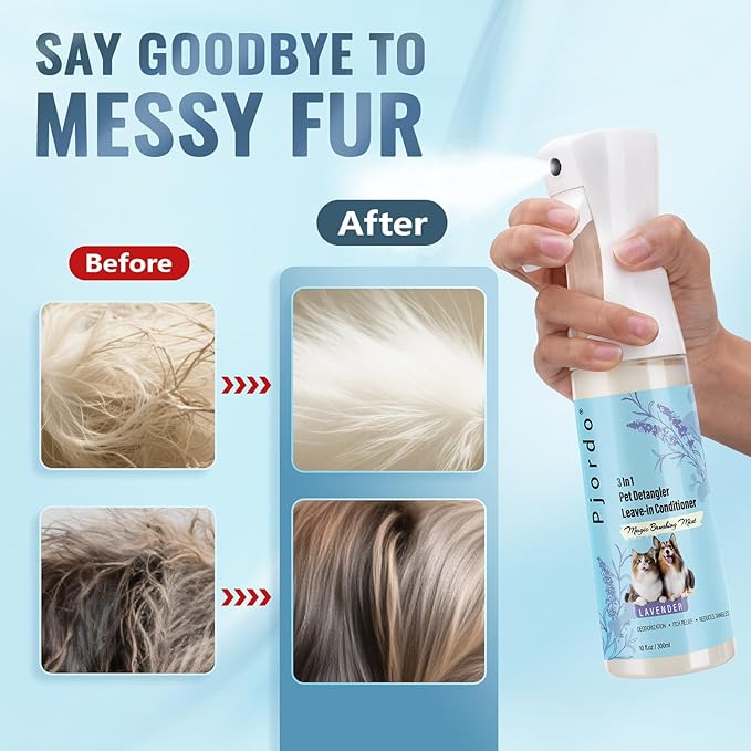 Dog Detangler Grooming Spray 10 Fl Oz, Leave in Pet Conditioner for Hair Dematting, Dry Skin & Pet Fur Shedding, Deodorization & Itch Relief & Reduces Tangles, Suitable for All Coat Types