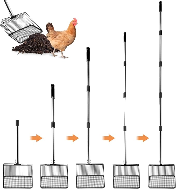 10inch Chicken Poop Scooper, Chicken Coop Scoop for Poop, 4 Sections Extended with 22 to 77inch Stainless Steel Adjustable Handle, Litter Scooper Sifting Shovel