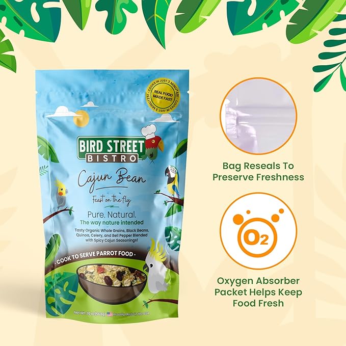 Parrot Parakeet Cockatiel Food - Bird Food - Cooks in 3-15 min with Natural & Organic Grains - Legumes - Non-GMO Fruits, Vegetables, & Health Orientated Spices (4.00 Pound (Pack of 1), Cajun Bean)