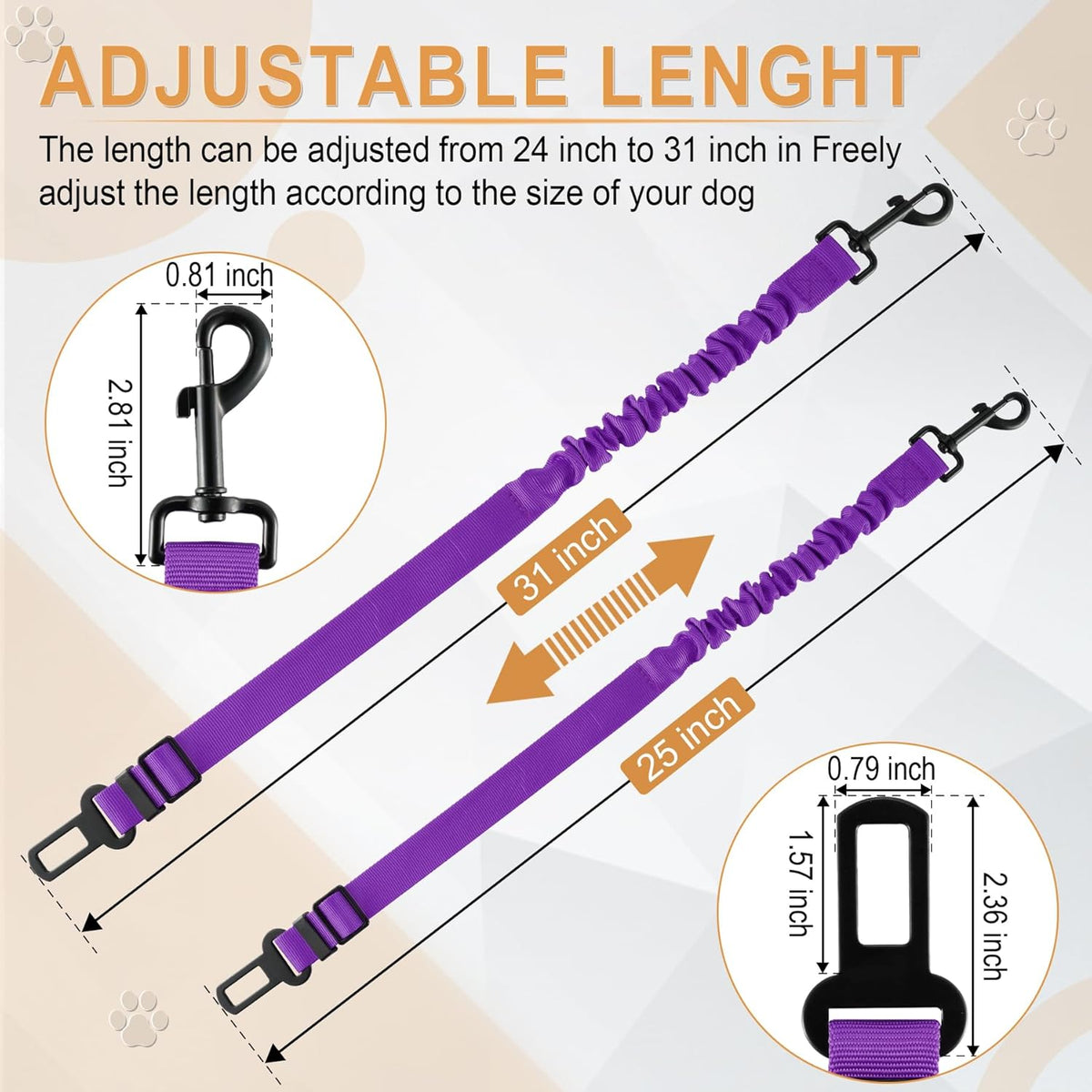 LivTee Dog Seat Belt for Car, Retractable Pet Safety Harness, Adjustable Nylon Dog Seatbelt Leash, Comfortable Dog Accessories for Vehicles (Purple-2PCS)