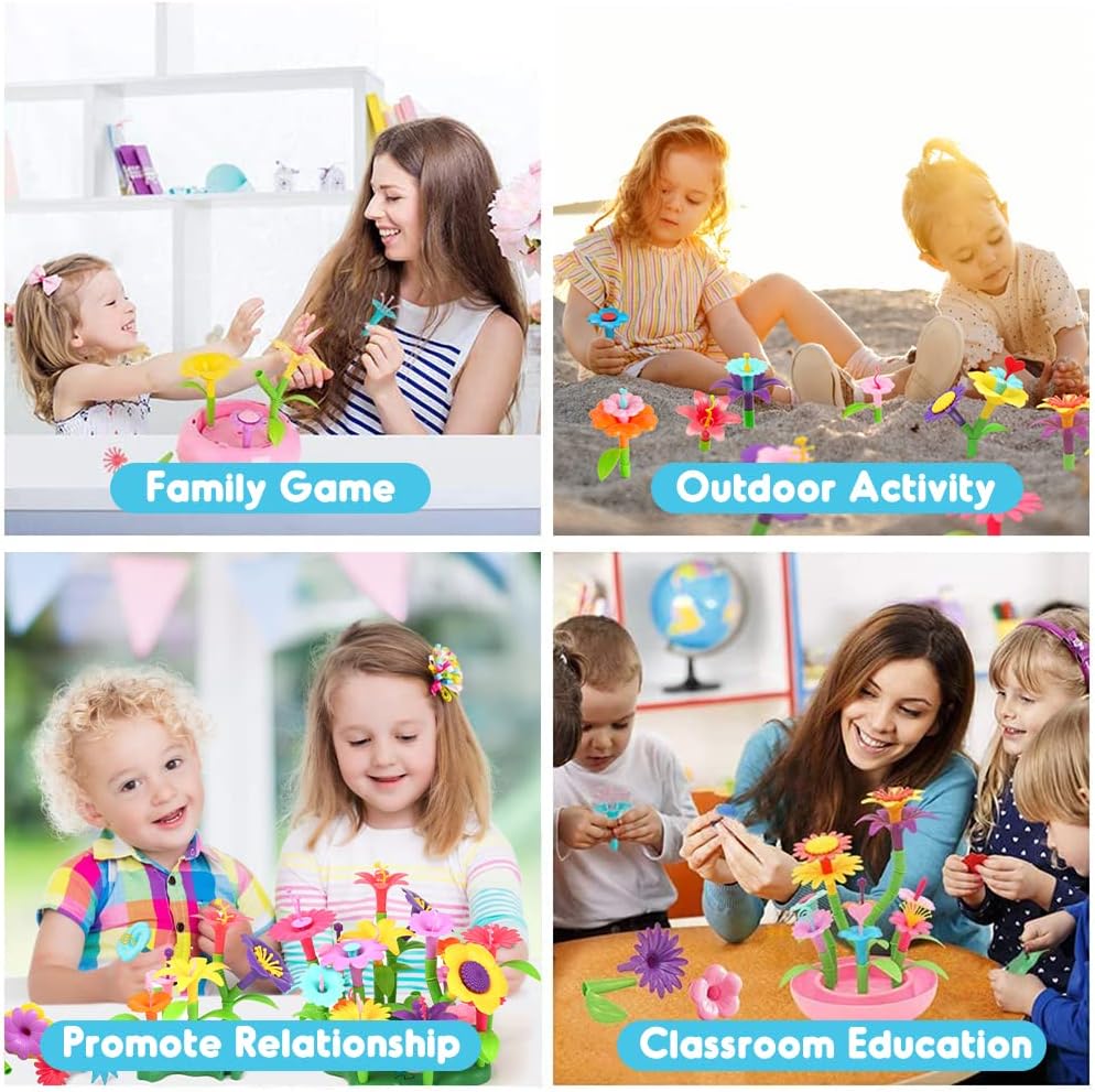 BEMITON Flower Building Toy Set for Girls, Best Birthday Gifts for 3 4 5 6 7 Year Old Kids, Arts and Crafts Kit for Toddlers, STEM Activities and Gardening Pretend Playset, 148 pcs