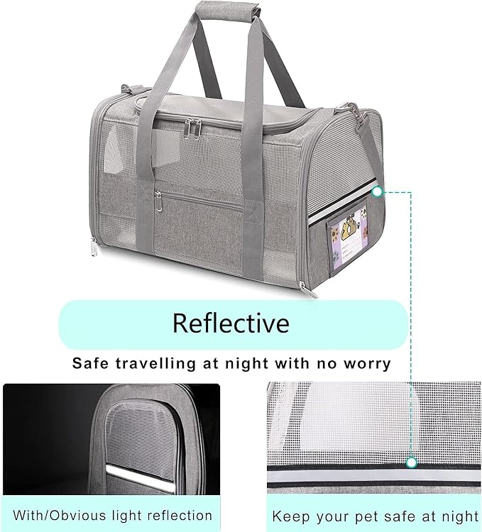 Pet Carrier Soft Side Cat Carrier Collapsible Travel Puppy Carrier Bag TSA Airline Approved Kitten Carrier Bag for 15 lbs Small Pets (Gray)