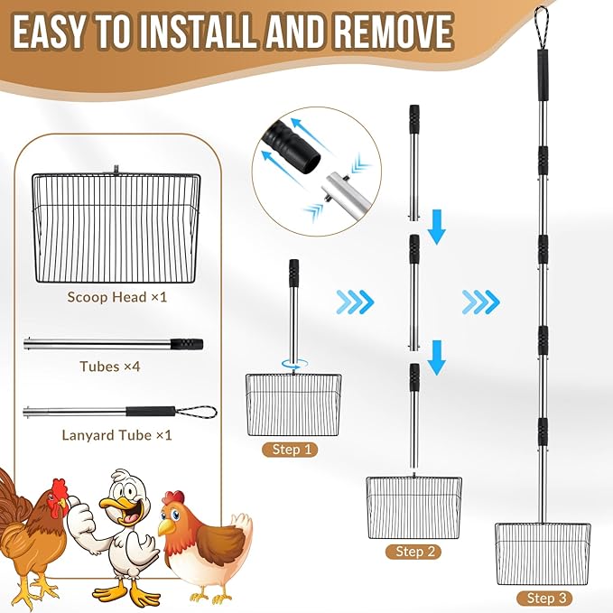 SlowTon 10-inch Large Chicken Poop Scooper - 5 in 1 Multifunctional Chicken Litter Scoop with 35 to 67in Stainless Steel Handle, Heavy Duty Chicken Coop Cleaning Tool Litter Sifting Shovel