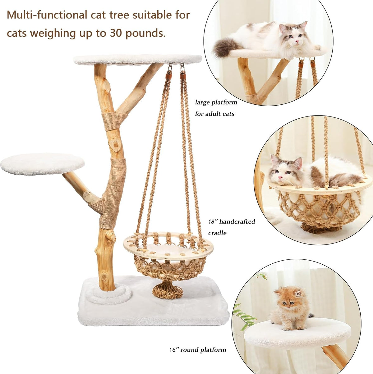 50" Tall Cat Tree Tower, Modern Cat Tree for Indoor Cats, Washable Wooden Perchs and Climbers for Large Cats, Cute Cat Furniture with Unique Cat Swing
