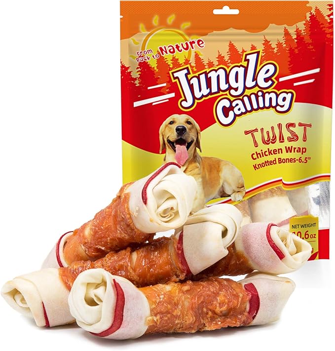 Jungle Calling Chicken Wrap Knotted Bones Dog Chews, Long Lasting Beefhide Treats Real Rawhide Bones for Large Dogs Edible Training Treats