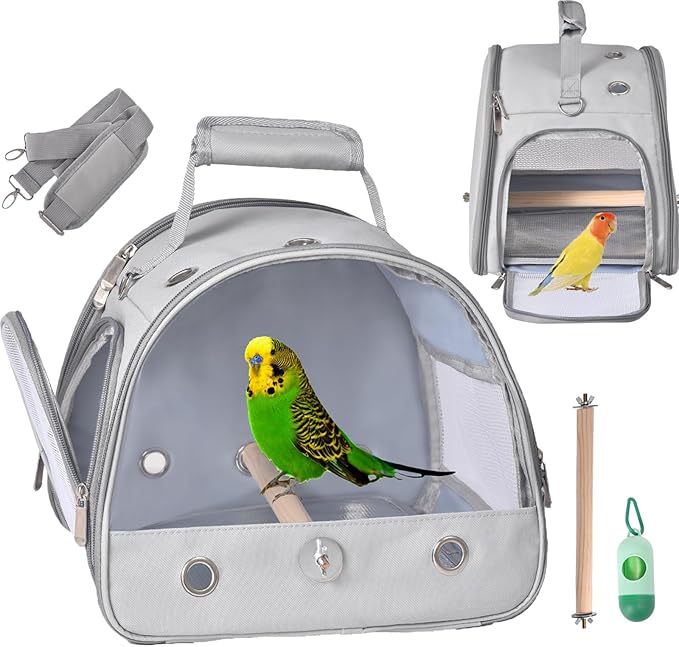 Bird Carrier Travel Cage with Stand, Small Bird Travel Carrier for Parrot with Perch, Side Access Window (Grey)