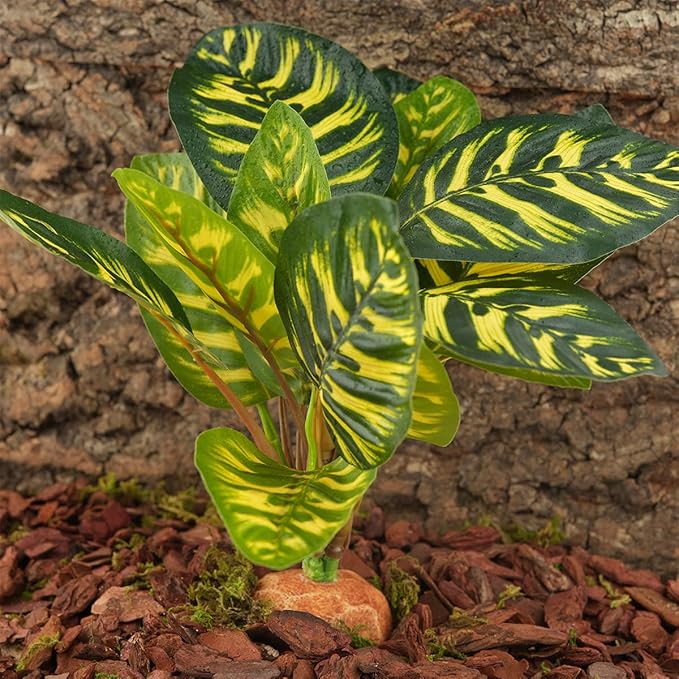 Reptile Terrarium Decor Plants, Bearded Dragon Tank Accessories fit Crested Gecko Leopard Lizard Chameleon Ball Python Snake Frog - Yellow Fake Prayer Peacock Plants