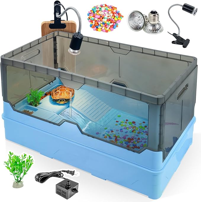 Turtle Habitat Tank Kit– Fresh Filtration, Waterplay Fun, Diverse Living, Heat Lamp, Water Pump and Convenient Water Changes in Tanks Habitat Kits Turtle cage Blue,Large