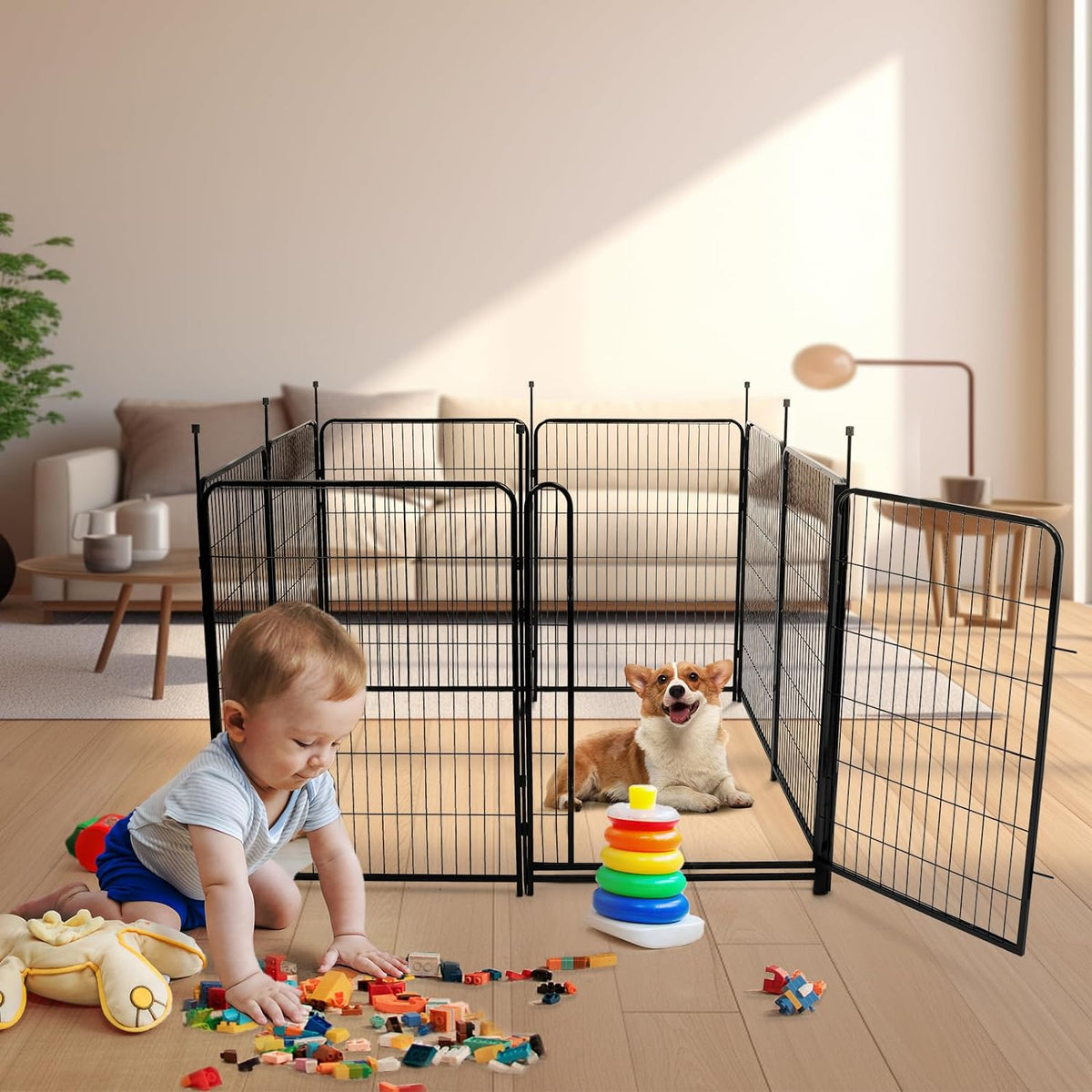 Tall Garden Fences and Borders for Dogs, 4.6ft High Dog Fence, 6 Panels Total 13.3 Ft Long, Gate 21 inches Wide with Low Sills. Modular Fencing, Dog Fence Outdoor for Yard