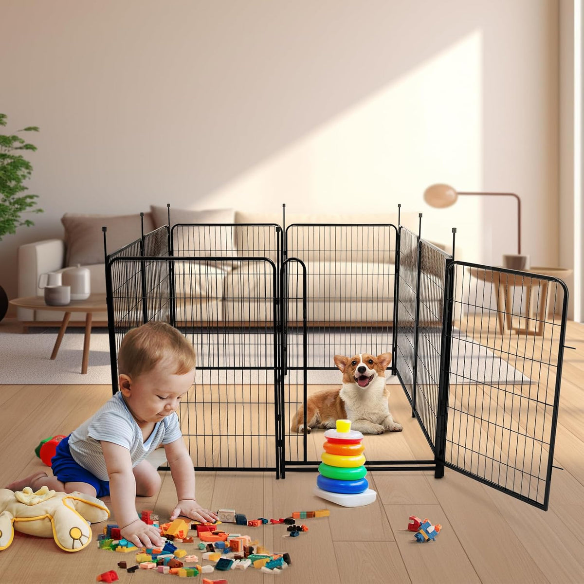 Tall Garden Fence Animal Barrier,Wide Gate Low Threshold Fence Panels, 48in(H) 4 Panels Total 8.9 Ft(L) Flower Bed Fencing, Heavy Metal Dog Fence Outdoor for Yard
