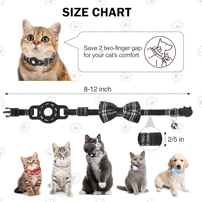 Airtag Cat Collar Breakaway with Bells and Bowtie -Upgraded Safety Kitten Collar for Air Tag Holder -Cute GPS Cat Tracker Collars for Girl Boy Cats, Kitty and Puppies, Black