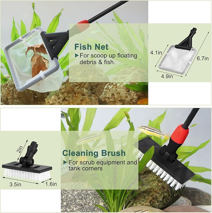 hygger Easy Clean Fish Tank Cleaner, 6 in 1 Aquarium Cleaning Tools Kit with Extendable Handle Algae Scraper Sponge Scrubber Firm Scrub Brush Fish Net Gravel Rake for Acrylic & Glass Tank