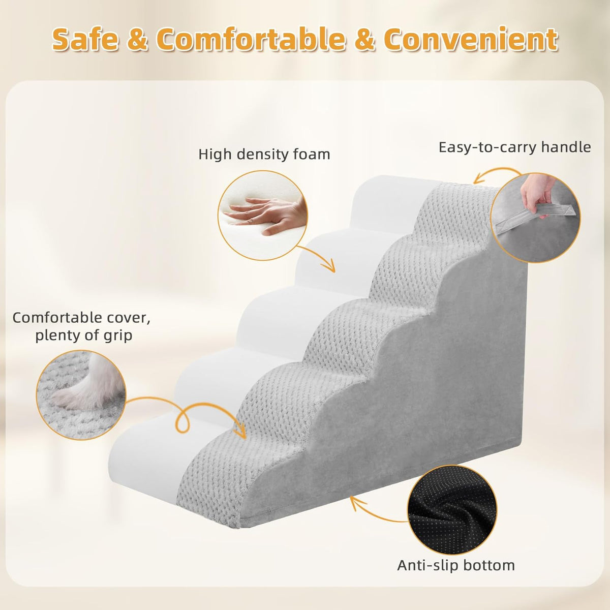 MIHIKK Dog Stairs Ramp, Curved 5-Step Dog Steps for Small Dogs and Cats, Pet Stairs for High Beds and Couch with Anti-Slip Washable Cover and Durable High Density Foam, Grey