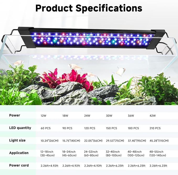AQQA LED Aquarium Light, 24/7 Mode IP68 Waterproof Extendable Bracket Fish Tank Light, DIY Mode Full Spectrum Aquarium Plant Light, Adjustable Timer/Brightness Memory Function for 32-40 Inch Fish Tank