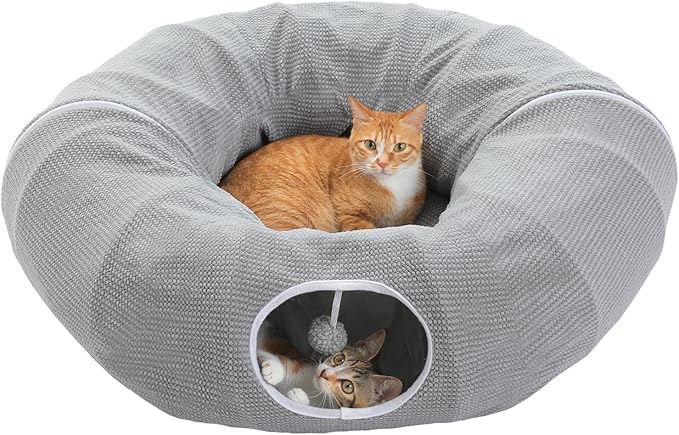 PEQULTI Cat Donut Tunnel with Bed for Indoor Cats, Cat Play Tunnel with Washable Soft Plush Mat, Round Tube Toys Cute Tube for Kittens, Puppies, Rabbits and Ferrets, Grey