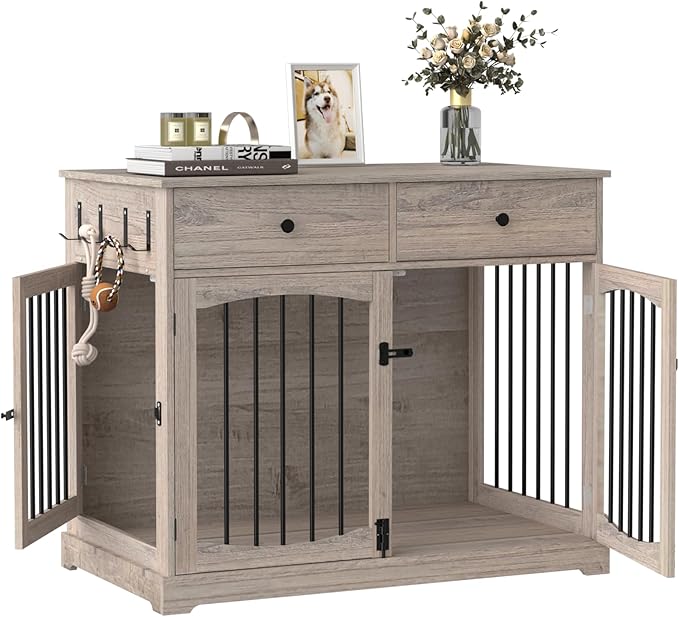 BREEZEHEAT 40 inch Dog Crate Furniture-Farmhouse Dog Kennel with Drawers-End Table Wooden Pet Crate, Double Door Design, Decorative Dog House Indoor for Small Medium Large Dog, Oak Grey