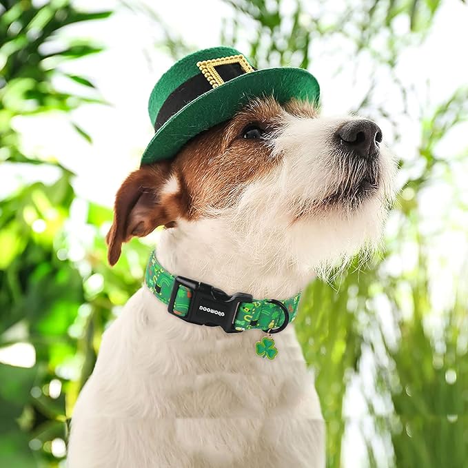 DOGWONG St Patrick's Dog Collar- Green Clovers Dog Collar, Adjustable Cotton Shamrock Pet Collar Cute Lucky Charm Puppy Collars for Small Medium Large Dogs