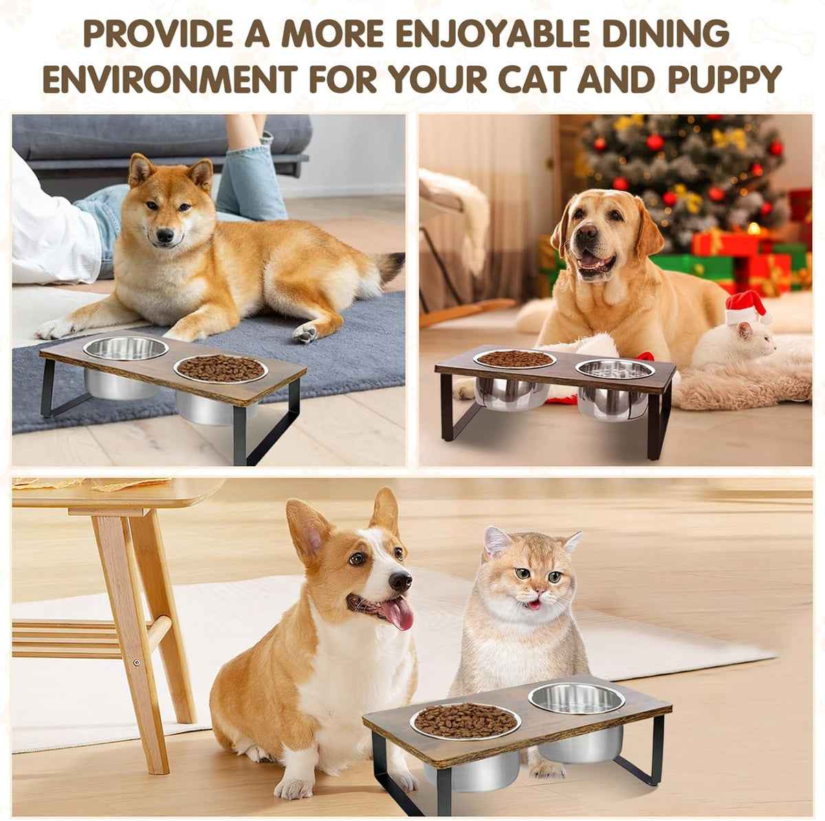Elevated Dog Bowls for Small Medium Wood Dogs Raised Bowl Stand with 2 Stainless Steel Deep Dog Food and Water Bowls, Anti Vomit, Non-Slip Feeding Dishes(Tilted，3 inches in Height, 40oz