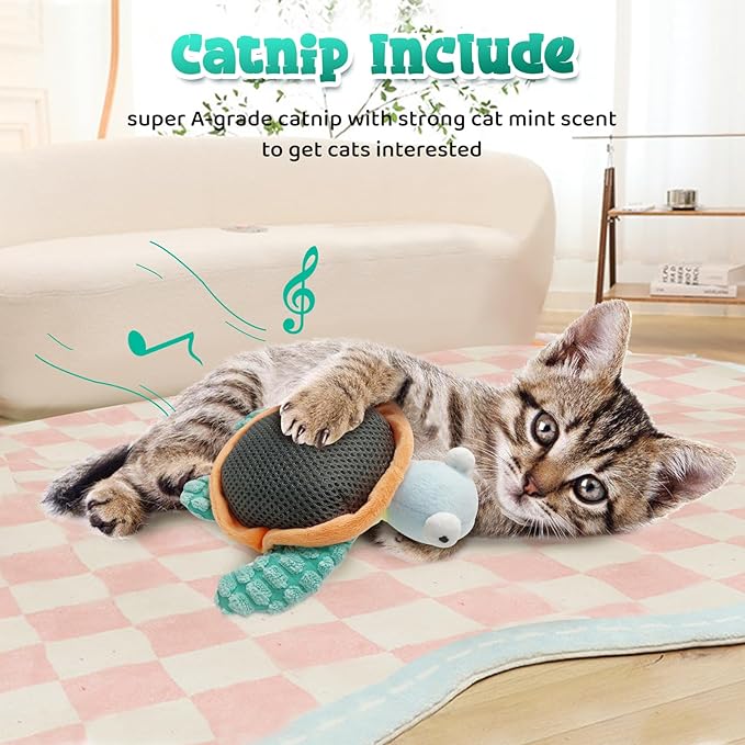 Cat Toys, Flapping Fins Cute Turtle, No Flying, Chirping Bird Interactive Catnip Toy for Kitten or Small Dogs, Touch Activated, Rechargable