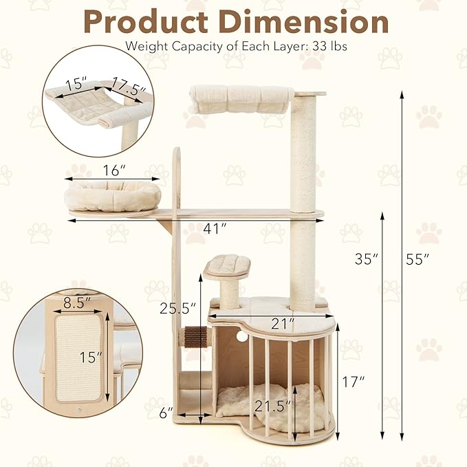 Tangkula Wood Cat Tree for Indoor Cats, 55 Inch Multi-Level Cat Tower Activity Center with Hammock, Cat Condo, Sisal Scratching Posts & Washable Cushions, Modern Cat Tree Houses for Large Cats