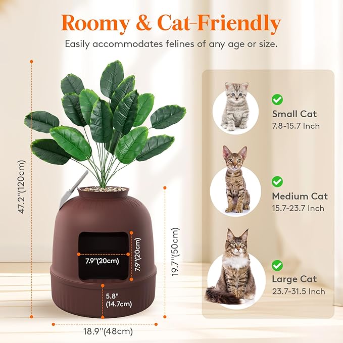 Lifewit Litter Box with Faux Plant & Scoop for Large Cat, Hidden Corner Enclosure Litter Tray with Odor Control & Carbon Filter in Living Room/Bedroom/Bathroom, Brown