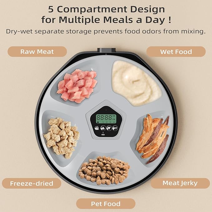 Automatic Pet Feeder for Wet & Dry Food, 5-Meal Timer Dispenser with 2 Ice Packs, Programmable Smart Feeder for Cats/Dogs – Keep Food Fresh Longer (Pet Feeder with 2 Ice Cube Tray)