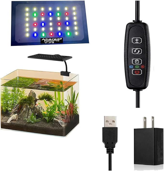 Mini Clip-On Aquarium Light 8W Full Spectrum LED Fish Nano Tank Light with Timer & Dimmer and 3 Lighting Modes for Freshwater Plants & Tropical Fish Ideal for 5-16 Inch Tanks (1-5 Gallons)
