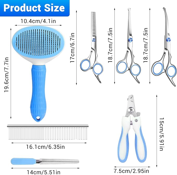 Professional 10pcs Dog Grooming Kit for Cats & Pets, All-in-One Home Pet Grooming Supplies with Safety Scissors Set,Nail Chlippers,File, Self-Cleaning Brush Storage Case, for Small Medium Large Pets