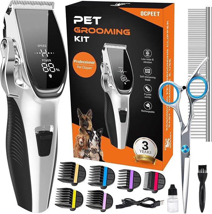 Dog Grooming Kit Low Noise,Cordless 4 in 1 Dog Clippers for Grooming Rechargeable Pet Cat Hair Trimmer with 2 Speed,6 Guards,Scissors,Comb for Small Medium Large Pets Dogs Cats Thick Hair Sliver