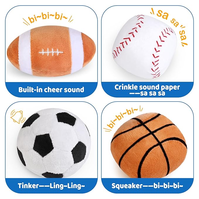KMUYSL Baby Toys 0-12 Months, My First Sports Bag Plush Toy - 4 Sensory Balls Soft Toys with Crinkle, Rattles for 0-3-6-9-12 Month Newborn Infant, 1st Birthday for Babies Boys Girls Age 1