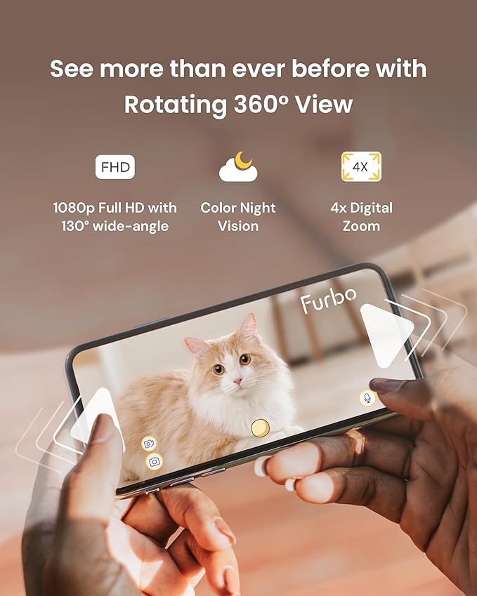 Furbo 360° Cat Camera: Pet Security Cam w/Meowing Alerts, Rotating View, Treat Toss w/Phone App, Smart Home Kitty Monitoring, 2-Way Speaker, No Subscription Needed. Standard See, Talk, & Toss Features