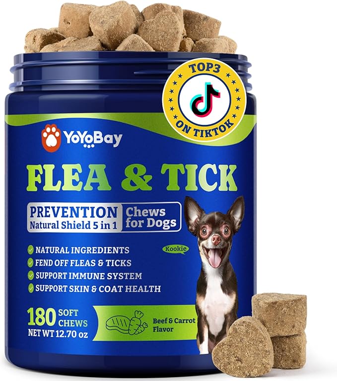 Flea & Tick Prevention for Dogs Chewables, Natural Dog Flea and Tick Control Treatment, Oral Flea Pills, Dogs Supplement, Natural Shield 5-in-1 Protection, Beef & Carrot Flavor, 180 Soft Chews