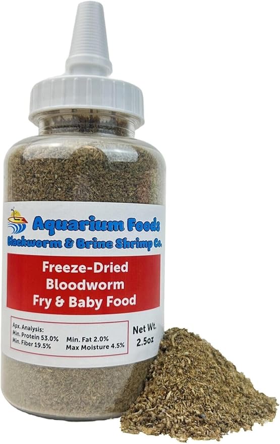 Aquatic Foods Inc. Freeze-Dried Bloodworm Powder & Particles for Tropical Fish Fry, Babies, Guppies, Tetras, Bettas, Nano Fish…2.5oz Squeeze Bottle