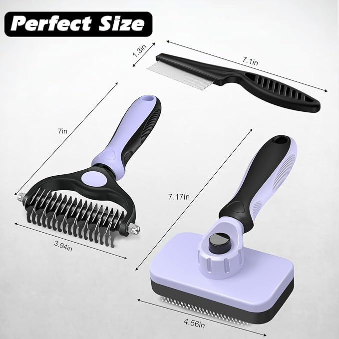 3PCS Self Cleaning Slicker Brush & Pet Grooming Rake & Bath Brush for Dogs,Cats and Horses | Double-Sided Dematting Comb & Skin Friendly Deshedding Grooming Tool | Pet Supplies(Light Purple Black)