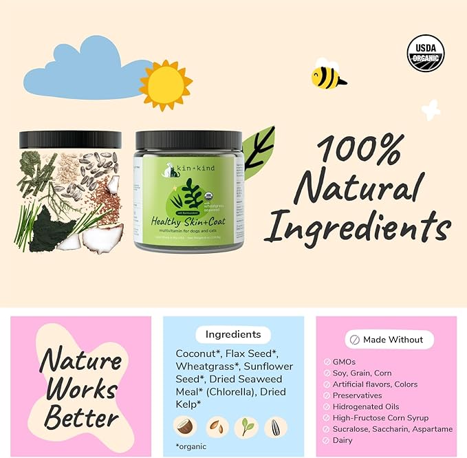 kin+kind Organic Multivitamin for Dogs & Cats - Pet Supplement for Healthy Skin and Coat - Safe, Natural Formula with Wheatgrass, Kelp, Seaweed and Coconut - Made in USA - 8 oz (Large)