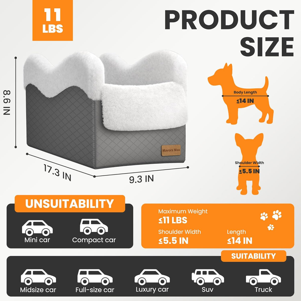 Portable Small Dog Seat for Car,Luxury Center Console Dog Car Seat Booster with Safety Tethers,Auti-Collapse Pet Travel Carrier for SUV,Truck.(Dark Grey/White)