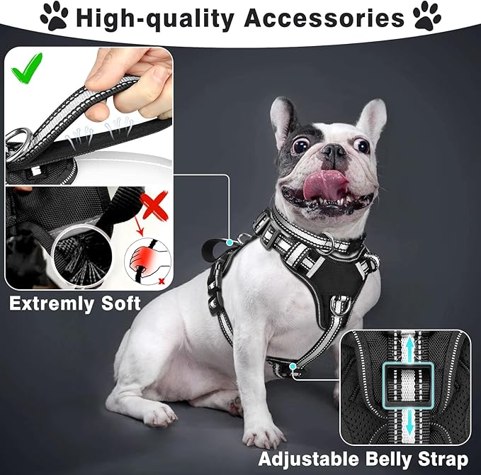 WINSEE Pet Harness Collar and Leash Set, All-in-one Reflective Dog Harness No Pull with Adjustable Buckles for Puppies, Small, Medium, Large, and Extra-Large Dogs (Small, Black)