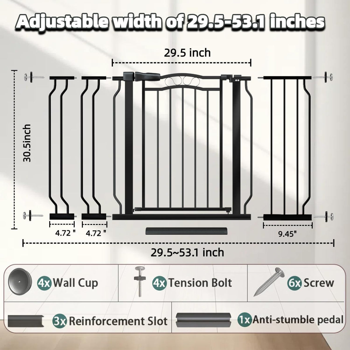 Baby Gate for Stairs 29.53"-53.1" Extra Wide, Pressure Mounted Dog Gate Indoor, Walk Thru Pet Gate for Cat Dog Child,Pet Gates for The House Doorway Black