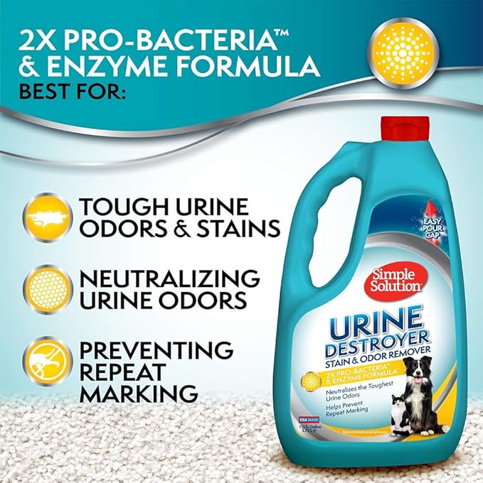 Simple Solution Urine Destroyer for Pets, Strong Odor, Enzyme Pet Odor Eliminator for Home, Floor Cleaner, Stain Remover for Cats & Dog Pee, Cat Urine Destroyer, Carpet Cleaner Spray, 1 Gallon