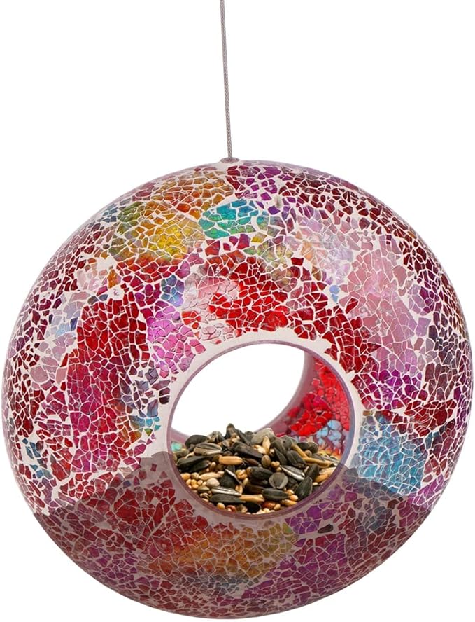 Mosaic Bird Feeder Outdoor Fly Through Wild Hanging Glass Design Birdfeeder for Garden
