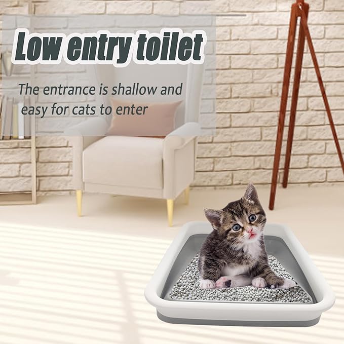 Collapsible Small Cat Litter Box, 14.6 x 10.6 x 4.8 inch Open Waterproof Low Entry Kitten Potty Pan Semi-Enclosed Pet Toilet for Sick Frail Kitty Grey