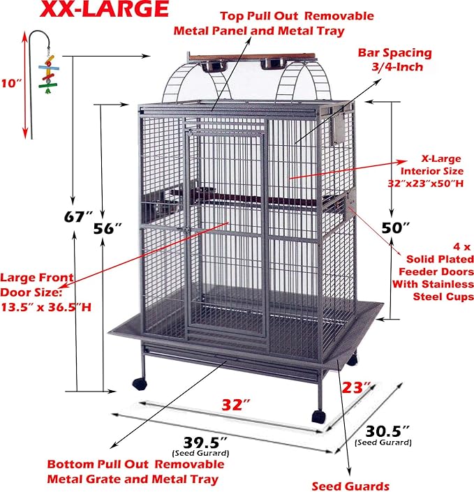 XX-Large 32" x 23" x 66"H Double Walk Ladders Open Play Top Wrought Iron Bird Parrot Parttot Finch Macaw Cockatoo Cage, Include Seed Guard and Toy Hook