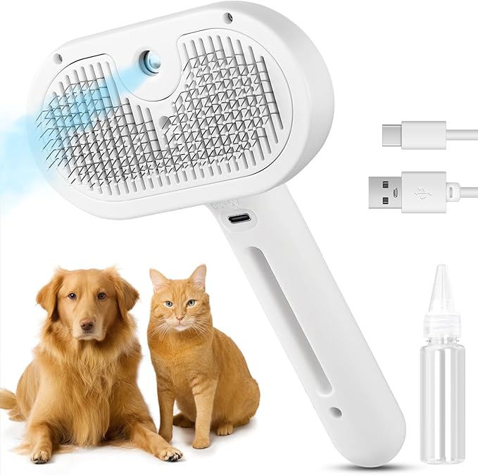 Cat steam brush – Effective Pet Brush for Indoor Cats, Steam Technology for Shedding, Mats & Grooming – Ideal cat brush indoor for Deep Cleaning (White)